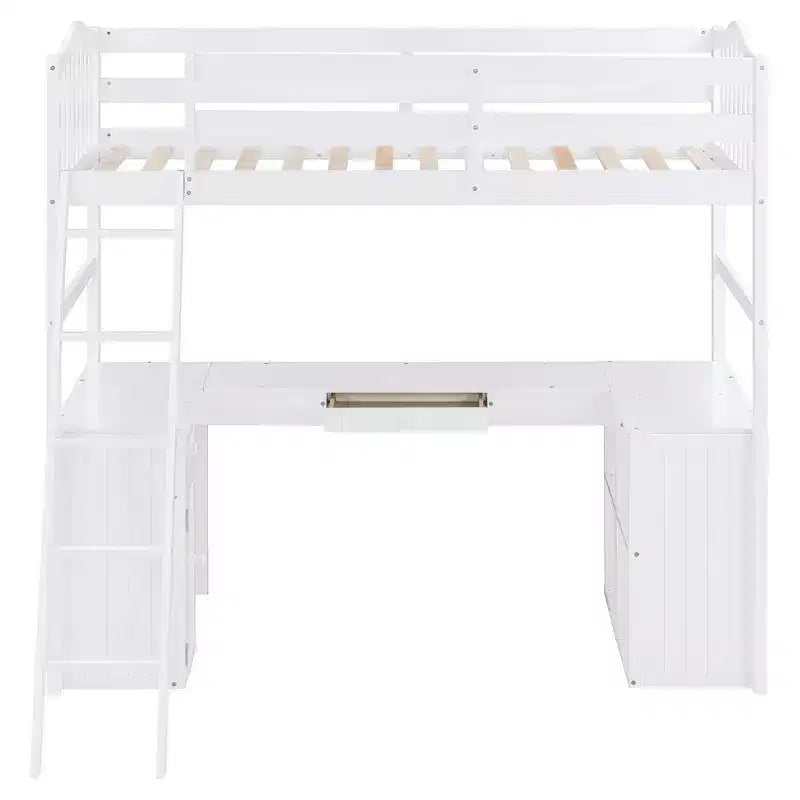 Whisen Modern Design Twin Size Wooden Loft Bed with Drawers, Cabinet, Shelves and Desk - White