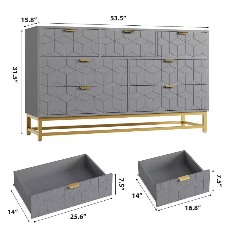 Dresser for Bedroom, 53.5 Wide Dresser Organizer, 7 Drawer with Golden Metal Handle and Legs, Modern Chest of Drawers for Closet, Hallway