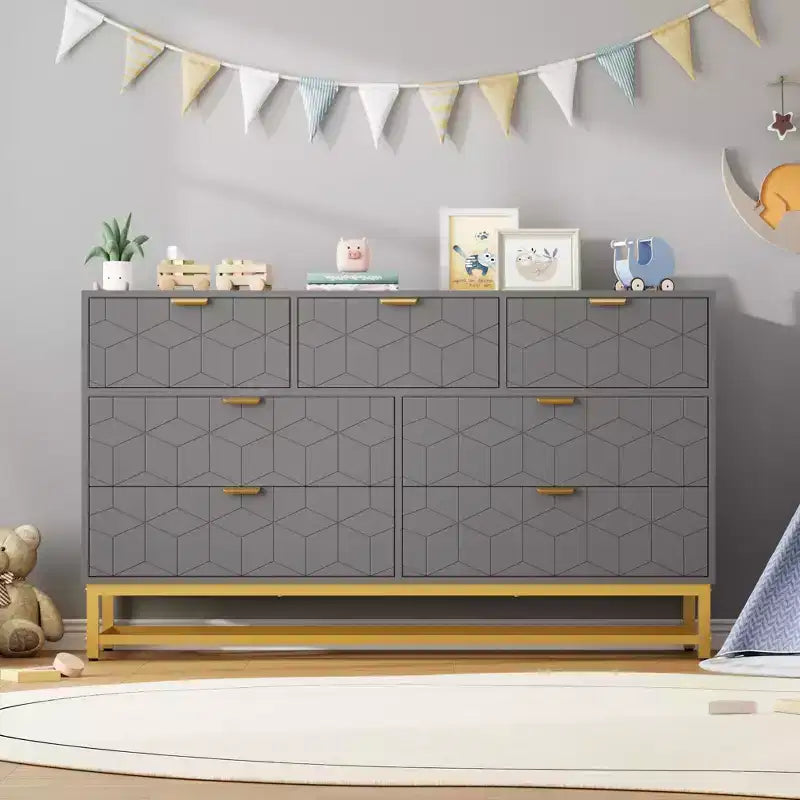 Dresser for Bedroom, 53.5 Wide Dresser Organizer, 7 Drawer with Golden Metal Handle and Legs, Modern Chest of Drawers for Closet, Hallway