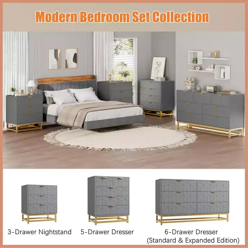 Dresser for Bedroom, 53.5 Wide Dresser Organizer, 7 Drawer with Golden Metal Handle and Legs, Modern Chest of Drawers for Closet, Hallway