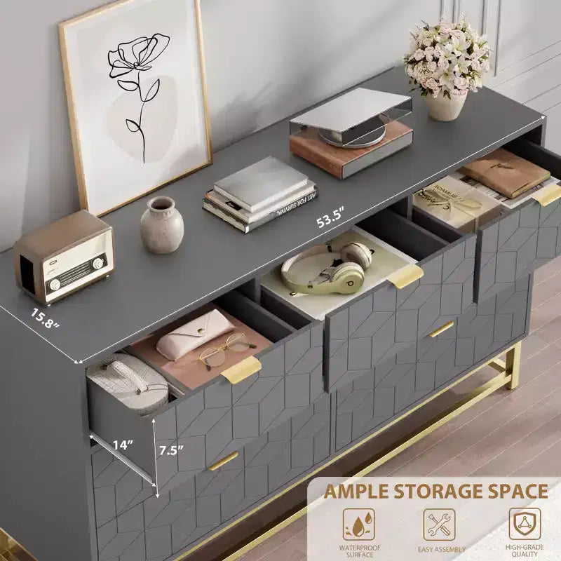 Dresser for Bedroom, 53.5 Wide Dresser Organizer, 7 Drawer with Golden Metal Handle and Legs, Modern Chest of Drawers for Closet, Hallway