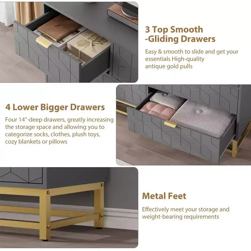 Dresser for Bedroom, 53.5 Wide Dresser Organizer, 7 Drawer with Golden Metal Handle and Legs, Modern Chest of Drawers for Closet, Hallway