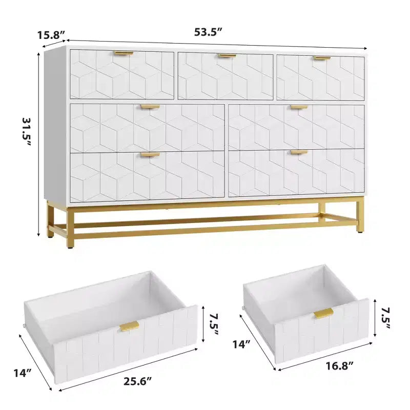 Dresser for Bedroom, 53.5 Wide Dresser Organizer, 7 Drawer with Golden Metal Handle and Legs, Modern Chest of Drawers for Closet, Hallway