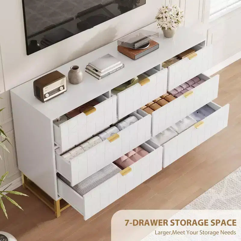 Dresser for Bedroom, 53.5 Wide Dresser Organizer, 7 Drawer with Golden Metal Handle and Legs, Modern Chest of Drawers for Closet, Hallway