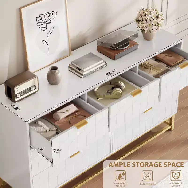 Dresser for Bedroom, 53.5 Wide Dresser Organizer, 7 Drawer with Golden Metal Handle and Legs, Modern Chest of Drawers for Closet, Hallway