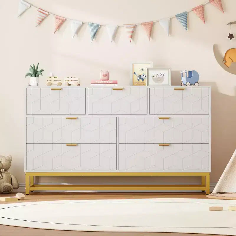 Dresser for Bedroom, 53.5 Wide Dresser Organizer, 7 Drawer with Golden Metal Handle and Legs, Modern Chest of Drawers for Closet, Hallway