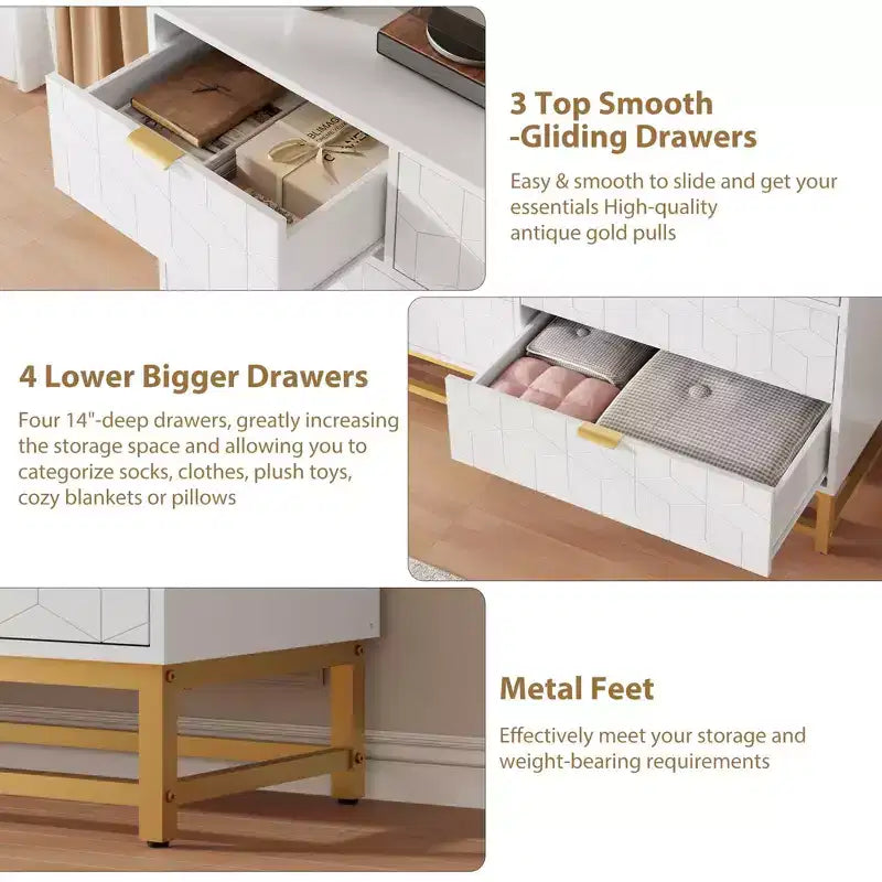 Dresser for Bedroom, 53.5 Wide Dresser Organizer, 7 Drawer with Golden Metal Handle and Legs, Modern Chest of Drawers for Closet, Hallway