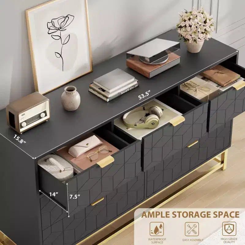 Dresser for Bedroom, 53.5 Wide Dresser Organizer, 7 Drawer with Golden Metal Handle and Legs, Modern Chest of Drawers for Closet, Hallway