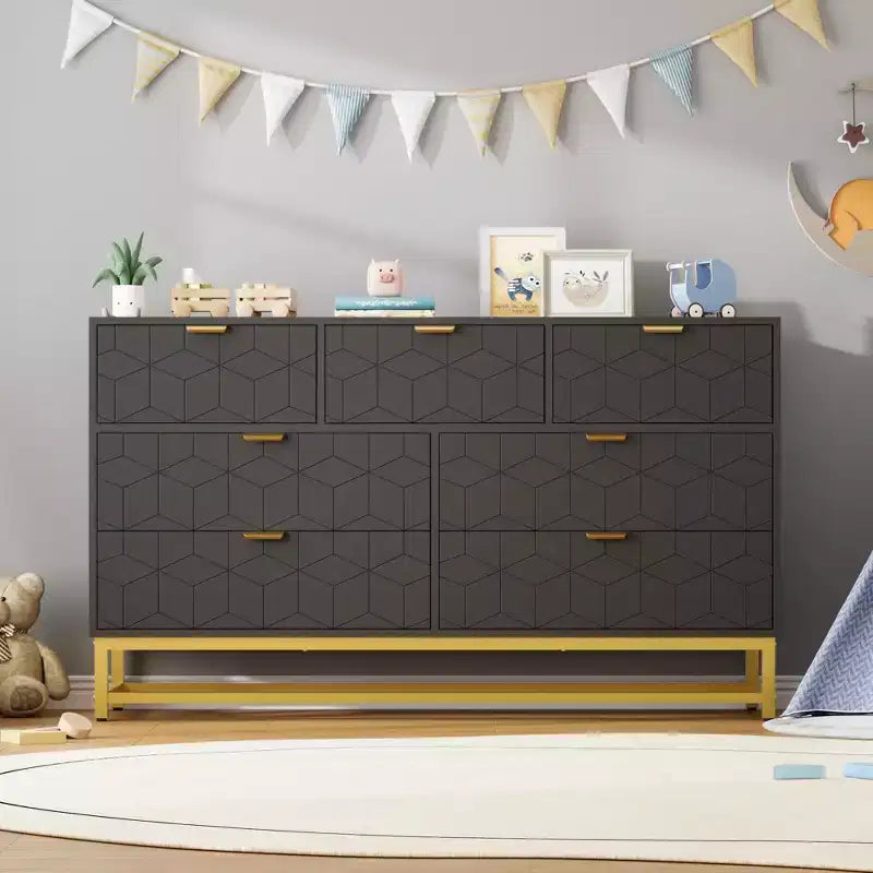 Dresser for Bedroom, 53.5 Wide Dresser Organizer, 7 Drawer with Golden Metal Handle and Legs, Modern Chest of Drawers for Closet, Hallway