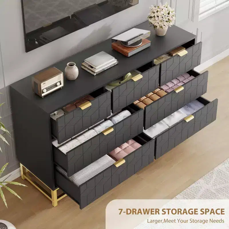 Dresser for Bedroom, 53.5 Wide Dresser Organizer, 7 Drawer with Golden Metal Handle and Legs, Modern Chest of Drawers for Closet, Hallway