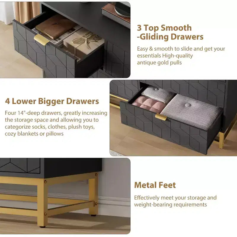 Dresser for Bedroom, 53.5 Wide Dresser Organizer, 7 Drawer with Golden Metal Handle and Legs, Modern Chest of Drawers for Closet, Hallway