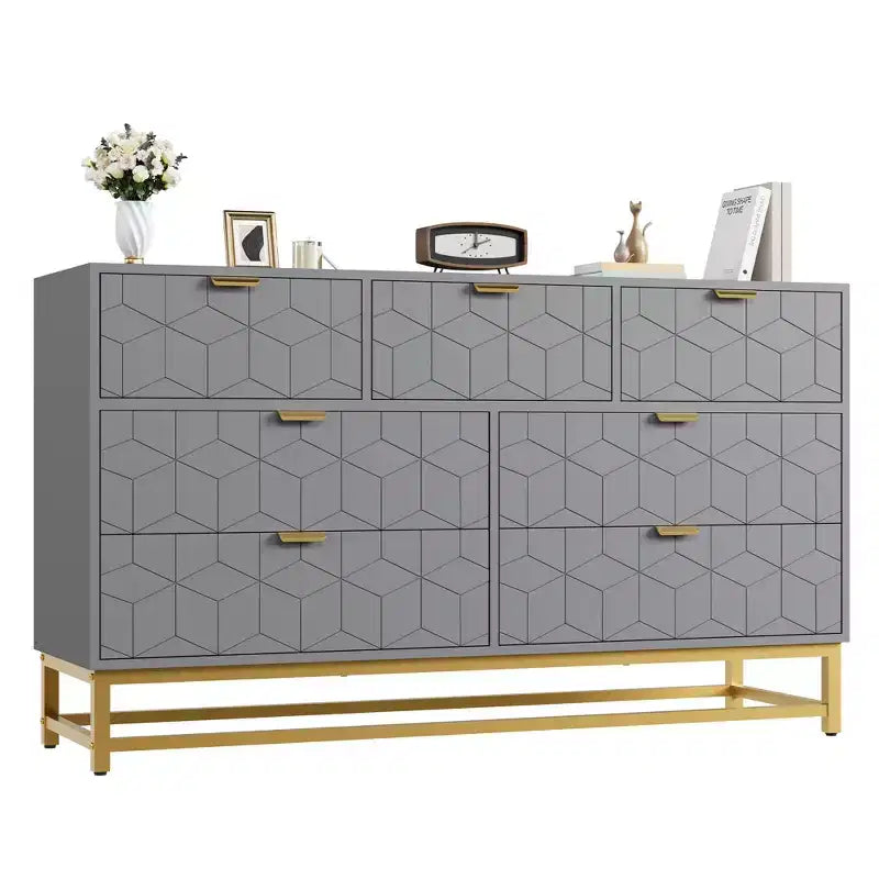 Dresser for Bedroom, 53.5 Wide Dresser Organizer, 7 Drawer with Golden Metal Handle and Legs, Modern Chest of Drawers for Closet, Hallway
