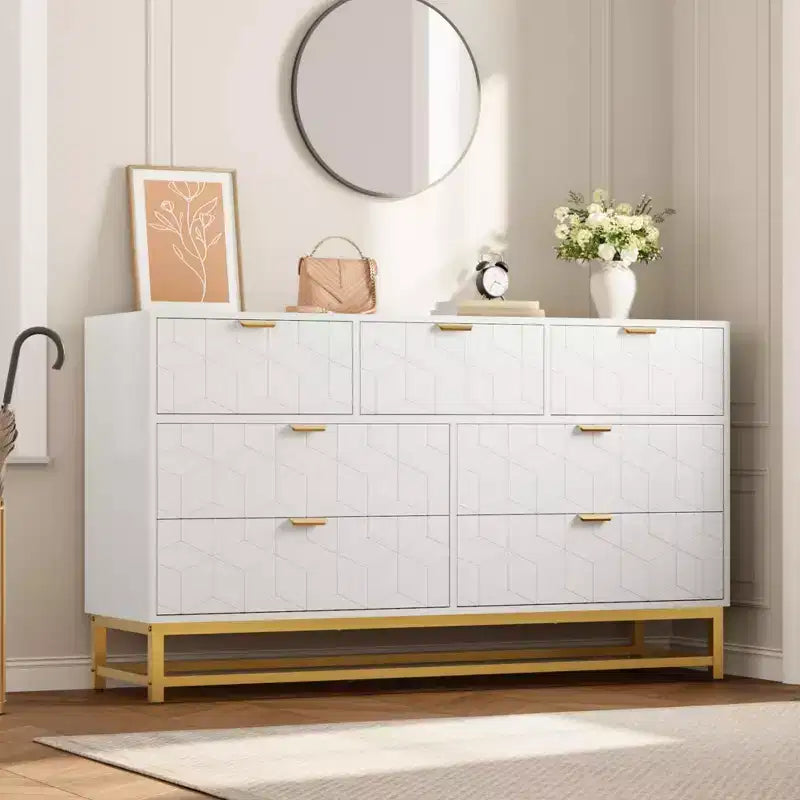 Dresser for Bedroom, 53.5 Wide Dresser Organizer, 7 Drawer with Golden Metal Handle and Legs, Modern Chest of Drawers for Closet, Hallway