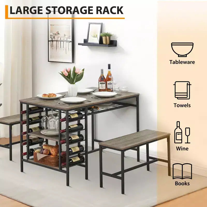 CuisinSmart Dining Table Set for 4 People, Kitchen Table with 2 Benches, Dining Room Table Set with Wine Rack, Brown, Black, Grey