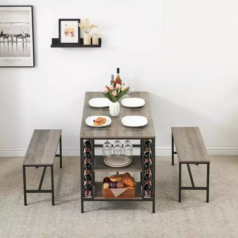 CuisinSmart Dining Table Set for 4 People, Kitchen Table with 2 Benches, Dining Room Table Set with Wine Rack, Brown, Black, Grey
