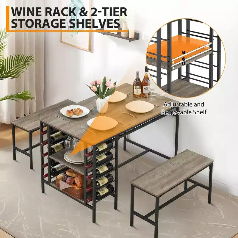 CuisinSmart Dining Table Set for 4 People, Kitchen Table with 2 Benches, Dining Room Table Set with Wine Rack, Brown, Black, Grey
