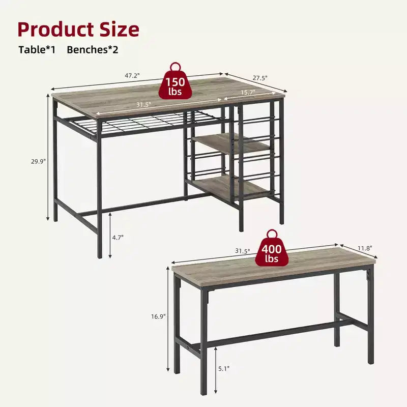 CuisinSmart Dining Table Set for 4 People, Kitchen Table with 2 Benches, Dining Room Table Set with Wine Rack, Brown, Black, Grey