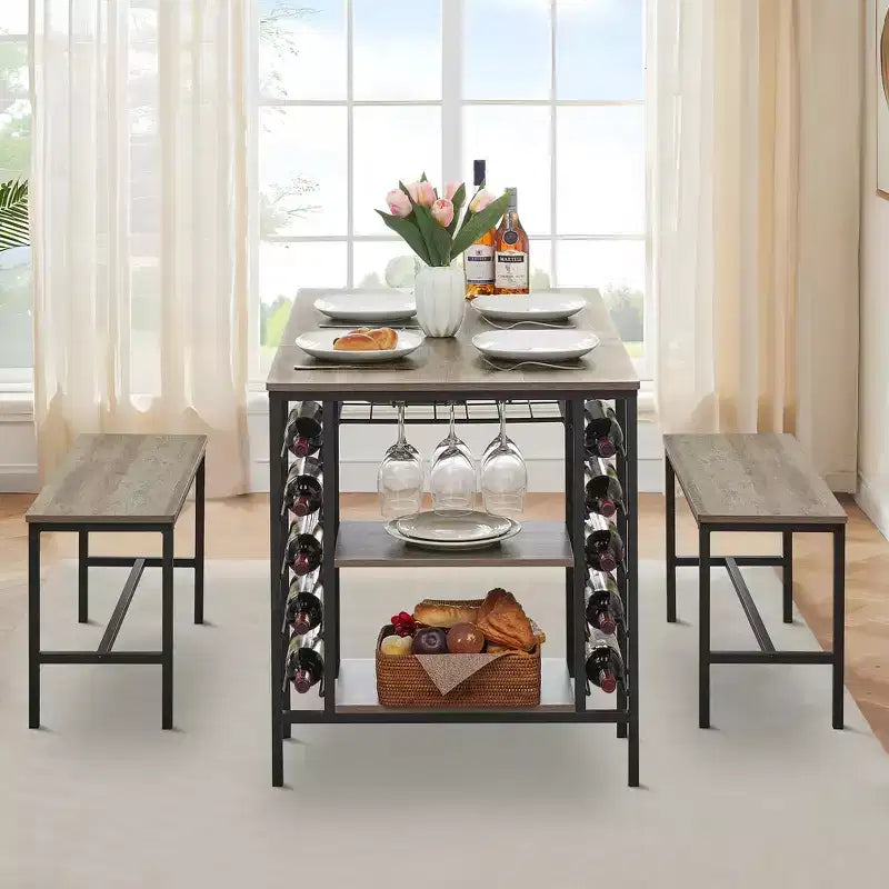 CuisinSmart Dining Table Set for 4 People, Kitchen Table with 2 Benches, Dining Room Table Set with Wine Rack, Brown, Black, Grey