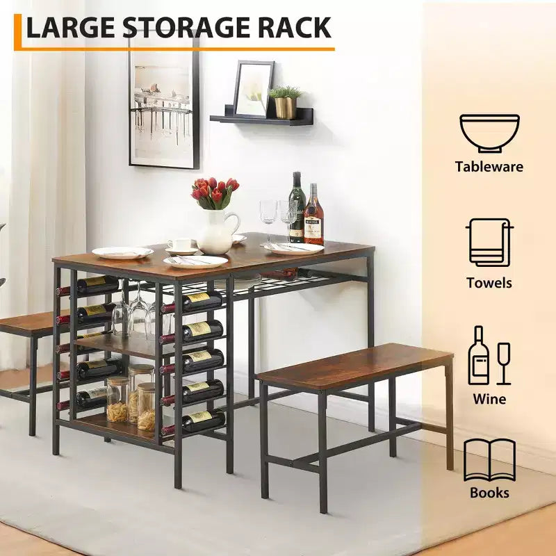 CuisinSmart Dining Table Set for 4 People, Kitchen Table with 2 Benches, Dining Room Table Set with Wine Rack, Brown, Black, Grey