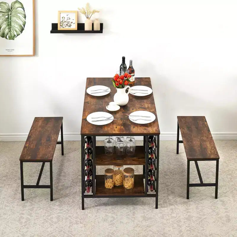 CuisinSmart Dining Table Set for 4 People, Kitchen Table with 2 Benches, Dining Room Table Set with Wine Rack, Brown, Black, Grey