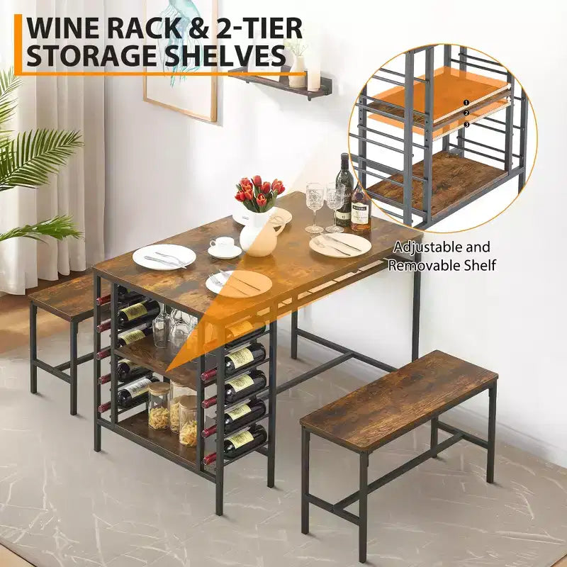 CuisinSmart Dining Table Set for 4 People, Kitchen Table with 2 Benches, Dining Room Table Set with Wine Rack, Brown, Black, Grey