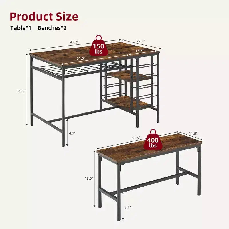 CuisinSmart Dining Table Set for 4 People, Kitchen Table with 2 Benches, Dining Room Table Set with Wine Rack, Brown, Black, Grey