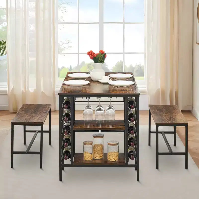 CuisinSmart Dining Table Set for 4 People, Kitchen Table with 2 Benches, Dining Room Table Set with Wine Rack, Brown, Black, Grey