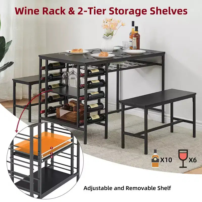 CuisinSmart Dining Table Set for 4 People, Kitchen Table with 2 Benches, Dining Room Table Set with Wine Rack, Brown, Black, Grey