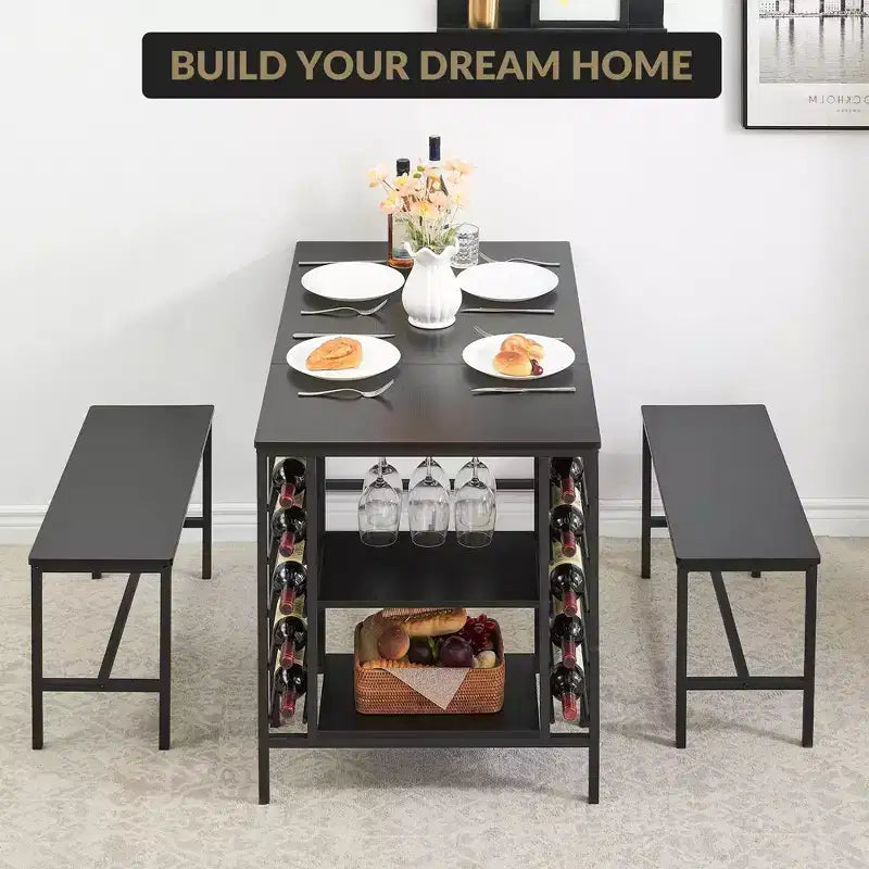 CuisinSmart Dining Table Set for 4 People, Kitchen Table with 2 Benches, Dining Room Table Set with Wine Rack, Brown, Black, Grey
