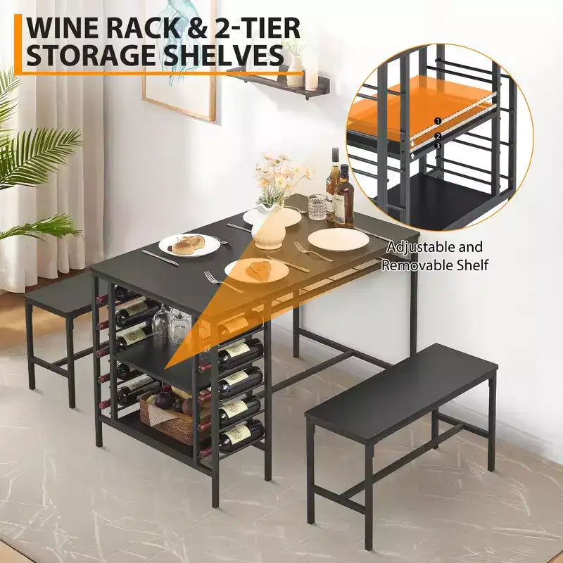 CuisinSmart Dining Table Set for 4 People, Kitchen Table with 2 Benches, Dining Room Table Set with Wine Rack, Brown, Black, Grey