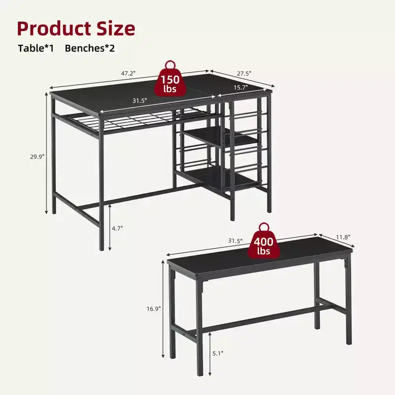 CuisinSmart Dining Table Set for 4 People, Kitchen Table with 2 Benches, Dining Room Table Set with Wine Rack, Brown, Black, Grey