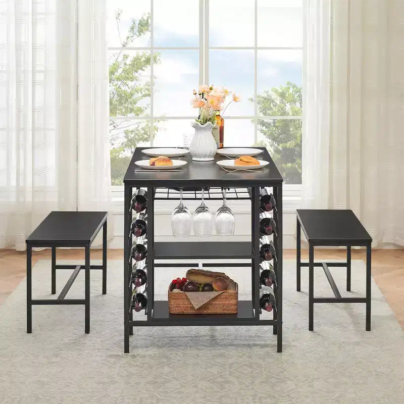 CuisinSmart Dining Table Set for 4 People, Kitchen Table with 2 Benches, Dining Room Table Set with Wine Rack, Brown, Black, Grey