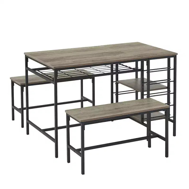 CuisinSmart Dining Table Set for 4 People, Kitchen Table with 2 Benches, Dining Room Table Set with Wine Rack, Brown, Black, Grey