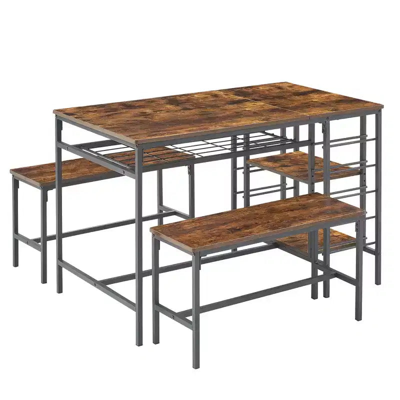 CuisinSmart Dining Table Set for 4 People, Kitchen Table with 2 Benches, Dining Room Table Set with Wine Rack, Brown, Black, Grey