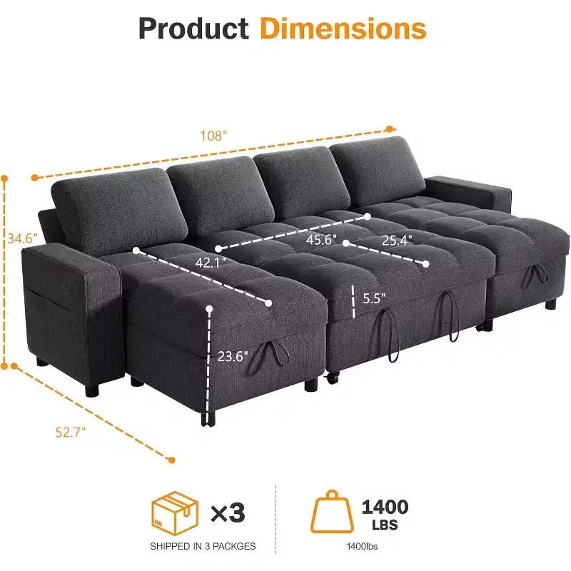 Dyonery 108 4 Seat Modular Sectional Sofa with USB Ports/Adjustable Backrest/2 Storage Seats