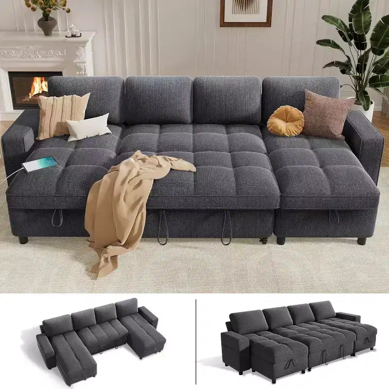 Dyonery 108 4 Seat Modular Sectional Sofa with USB Ports/Adjustable Backrest/2 Storage Seats