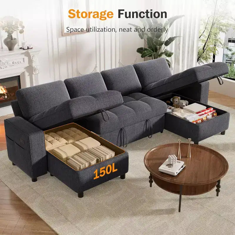 Dyonery 108 4 Seat Modular Sectional Sofa with USB Ports/Adjustable Backrest/2 Storage Seats
