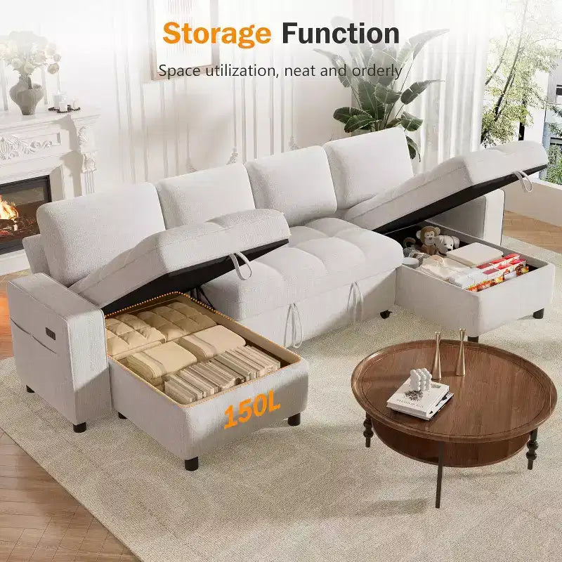 Dyonery 108 4 Seat Modular Sectional Sofa with USB Ports/Adjustable Backrest/2 Storage Seats