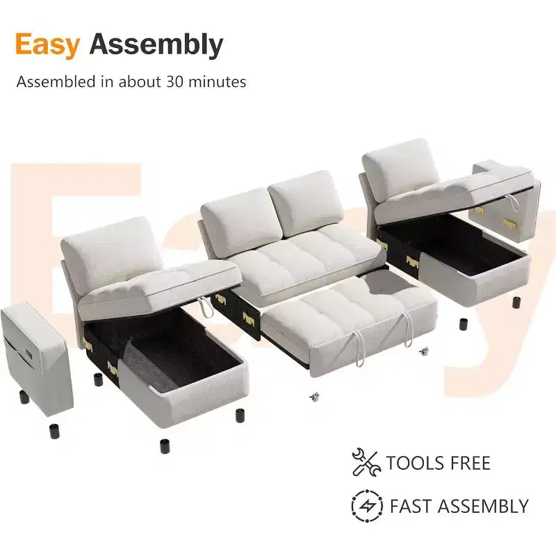 Dyonery 108 4 Seat Modular Sectional Sofa with USB Ports/Adjustable Backrest/2 Storage Seats