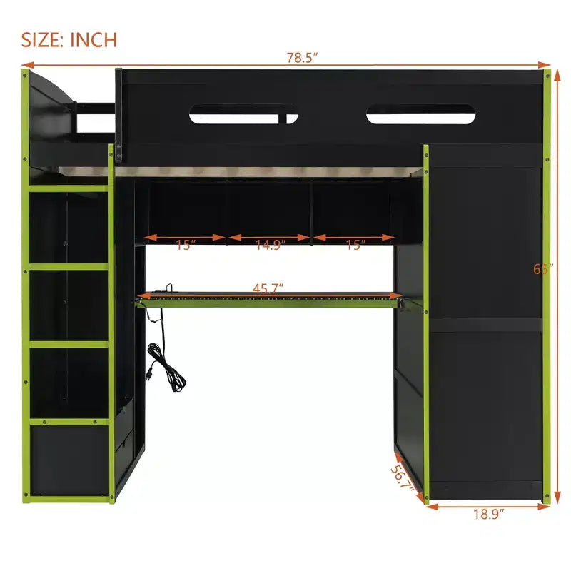 Merax Full Size Loft Bed with Desk, Wardrobe, RGB LED Lights & USB Charging Port  Stylish Black Frame with Multi-Storage Space for Game Lovers