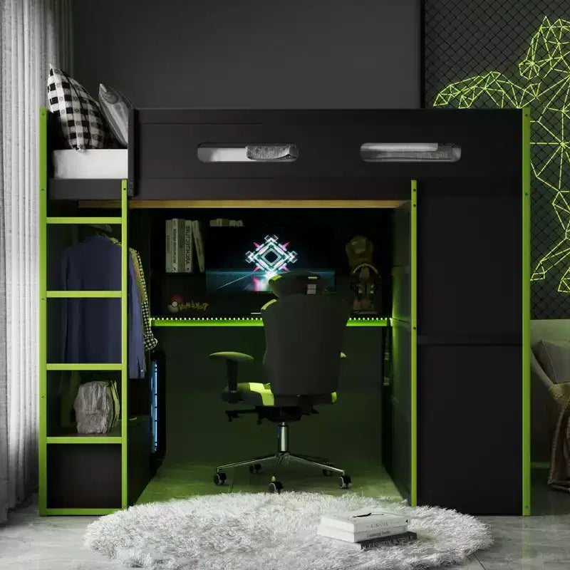 Merax Full Size Loft Bed with Desk, Wardrobe, RGB LED Lights & USB Charging Port  Stylish Black Frame with Multi-Storage Space for Game Lovers