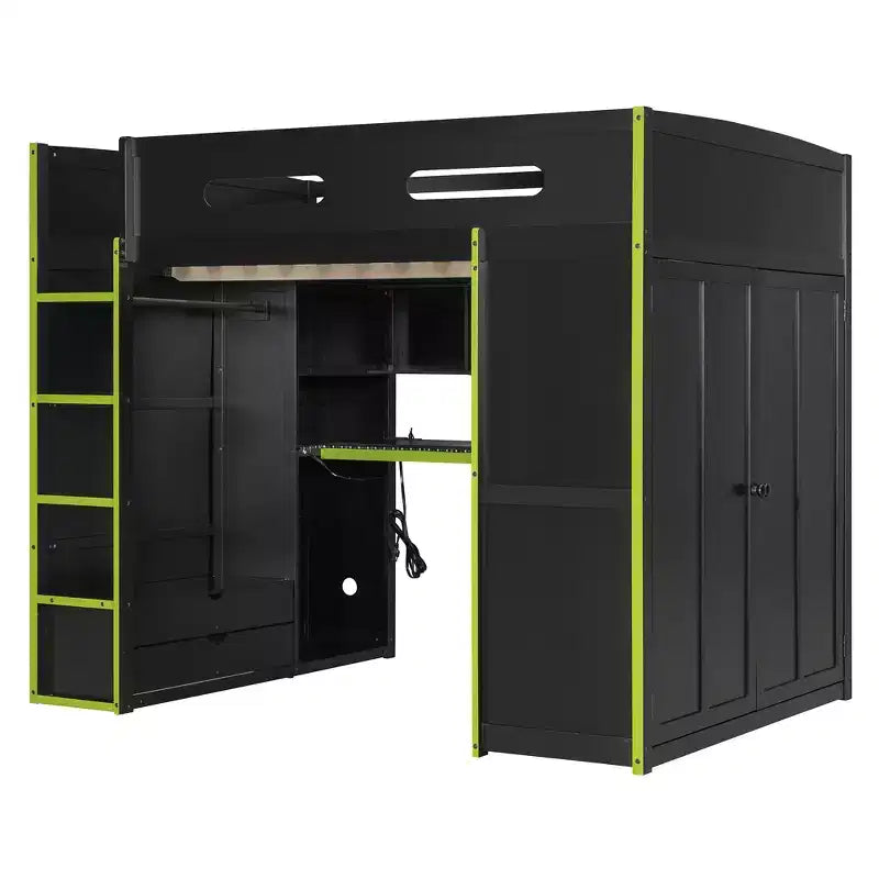 Merax Full Size Loft Bed with Desk, Wardrobe, RGB LED Lights & USB Charging Port  Stylish Black Frame with Multi-Storage Space for Game Lovers