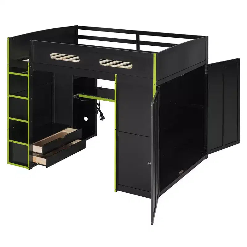 Merax Full Size Loft Bed with Desk, Wardrobe, RGB LED Lights & USB Charging Port  Stylish Black Frame with Multi-Storage Space for Game Lovers