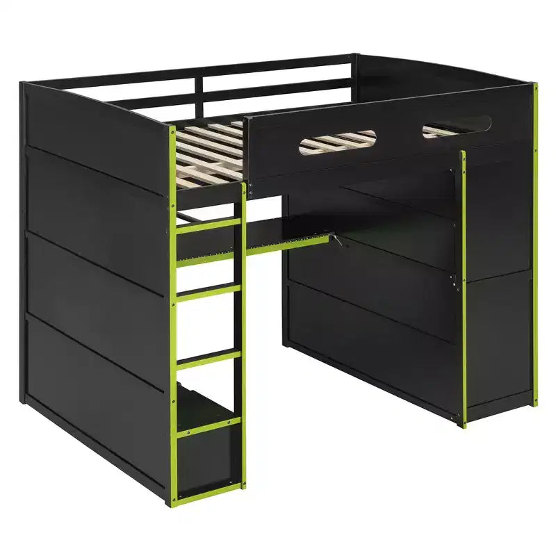Merax Full Size Loft Bed with Desk, Wardrobe, RGB LED Lights & USB Charging Port  Stylish Black Frame with Multi-Storage Space for Game Lovers