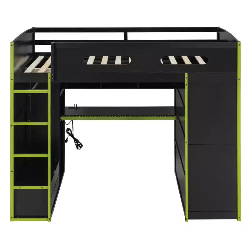 Merax Full Size Loft Bed with Desk, Wardrobe, RGB LED Lights & USB Charging Port  Stylish Black Frame with Multi-Storage Space for Game Lovers