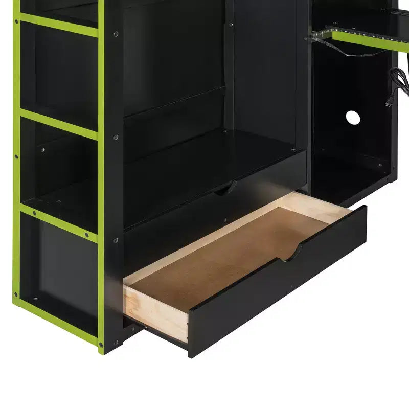 Merax Full Size Loft Bed with Desk, Wardrobe, RGB LED Lights & USB Charging Port  Stylish Black Frame with Multi-Storage Space for Game Lovers