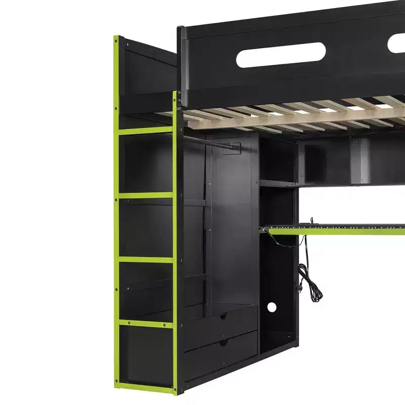 Merax Full Size Loft Bed with Desk, Wardrobe, RGB LED Lights & USB Charging Port  Stylish Black Frame with Multi-Storage Space for Game Lovers