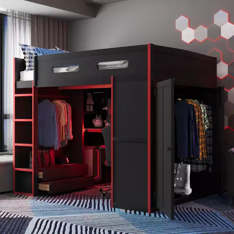 Merax Full Size Loft Bed with Desk, Wardrobe, RGB LED Lights & USB Charging Port  Stylish Black Frame with Multi-Storage Space for Game Lovers