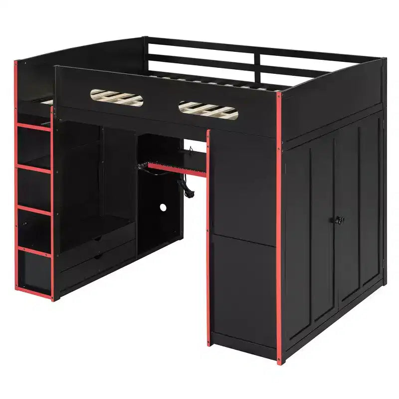 Merax Full Size Loft Bed with Desk, Wardrobe, RGB LED Lights & USB Charging Port  Stylish Black Frame with Multi-Storage Space for Game Lovers