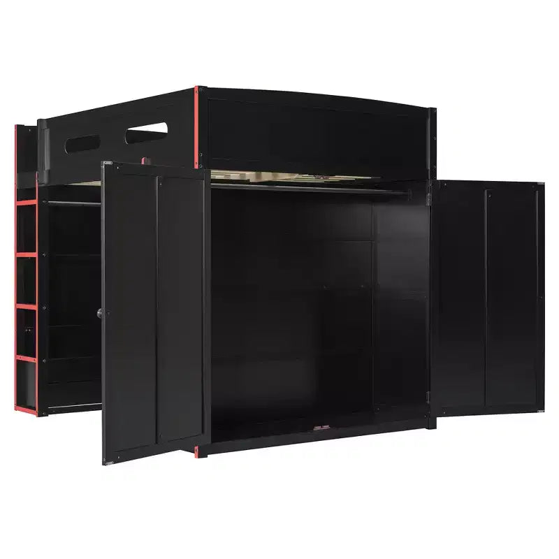 Merax Full Size Loft Bed with Desk, Wardrobe, RGB LED Lights & USB Charging Port  Stylish Black Frame with Multi-Storage Space for Game Lovers